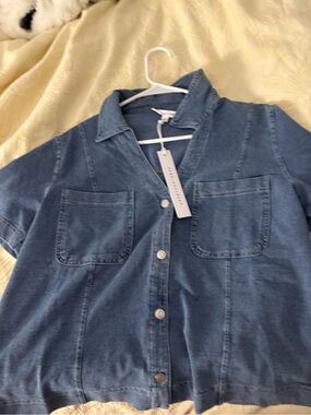 Button-Front Short Sleeve Denim Shirt Jacket - Blue